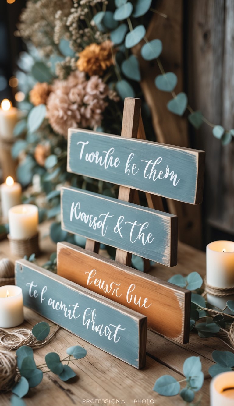 Rustic wooden signs painted in dusty blue and burnt orange arranged with dried flowers and greenery on a wooden surface.